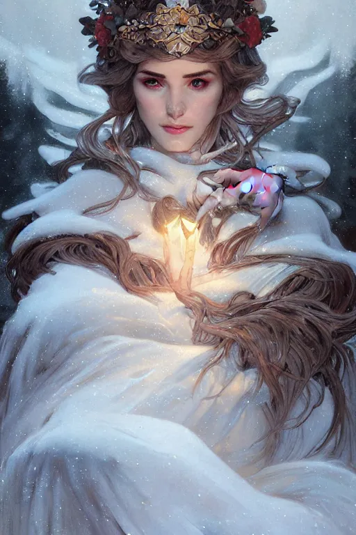 Prompt: goddess of winter night, only two hands, highly detailed, digital painting, artstation, concept art, smooth, sharp focus, illustration, unreal engine 5, 8 k, art by artgerm and greg rutkowski and edgar maxence and alphonse mucha