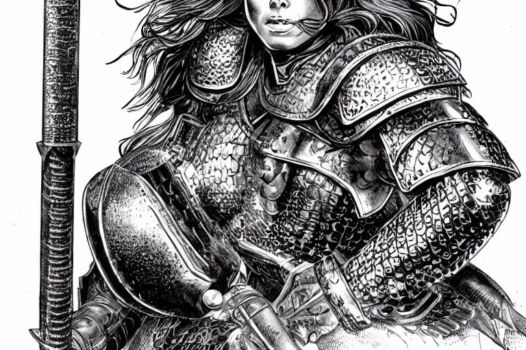 Prompt: frontal portrait of a heavily armored barbarian woman with golden curly hair| d&d | larry elmore |