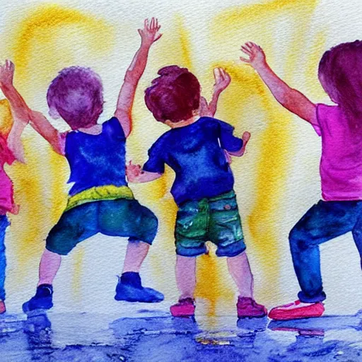 Prompt: kids playing the game the floor is lava, watercolour