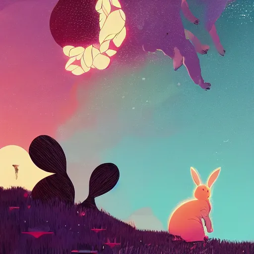 Image similar to A rabbit full of hope, looking for a black hole in an infinite time loop by Victo Ngai and Ghibli andlisk feng and atey ghailan