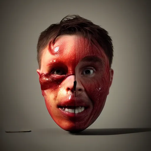 Prompt: a man's face is fused into an apple, artstation, cgsociety, 8 k