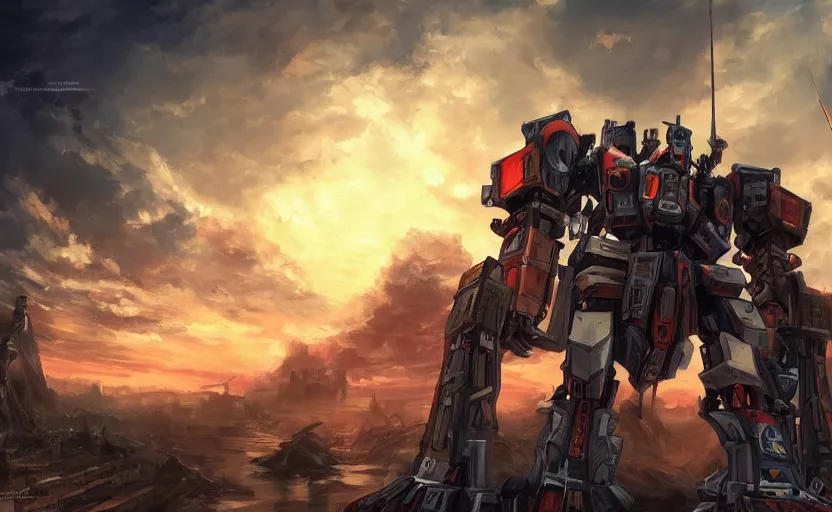 Prompt: a beautiful painting of a giant mech standing on a wooden tower while a battle ensues below, 4k anime wallpaper, trending on artstation