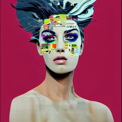 Prompt: Roman contemporary Goddess, collage, minimal style, digital painting, 4k, HDR, punk, fashion, smooth, sharp focus, art by Sandra Chevrier, John Hoyland, teamLab