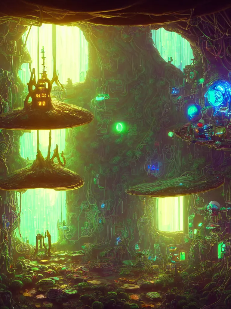 Image similar to the interior of a celestial cyberpunk cottage in a bioluminescent tree trunk decorated beautifully, lots of cyberpunk design elements like gigantic toadstool mushrooms and robots, warm sunlight shining in, lots of plants and cables, concept art 8 k resolution, fantasy illustration, sharp focus, detailed painting, deep color, volumetric lighting, crepuscular rays