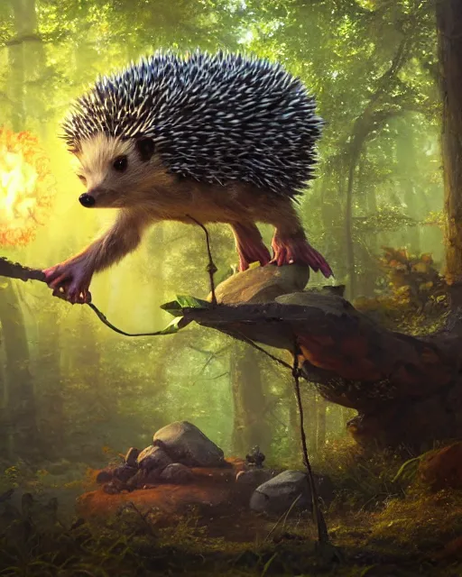 Prompt: oil painting of a Anthropomorphized hedgehog shaman casting nature spell, magical glow, sharp focus, heroic pose, fantasy style, octane render, volumetric lighting, 8k high definition, by greg rutkowski, highly detailed, trending on art Station, magic the gathering artwork, Woodland background, centered