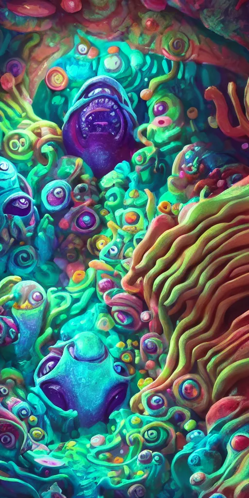 Image similar to of a colorful deep sea cave with strange cute friendly happy creatures with huge eyes, mouth, long tongue and round teeth appearing from sandy coral, in the style of gehry and gaudi, macro lens, shallow depth of field, ultra detailed, digital painting, trending artstation, concept art, illustration, cinematic lighting, photorealism, epic, octane render