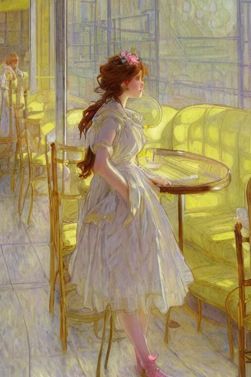 Image similar to A girl in a maid's outfit in a cafe a afternoon, wavy hair yellow theme,S line,45 angel by krenz cushart and mucha and monet and greg rutkowski
