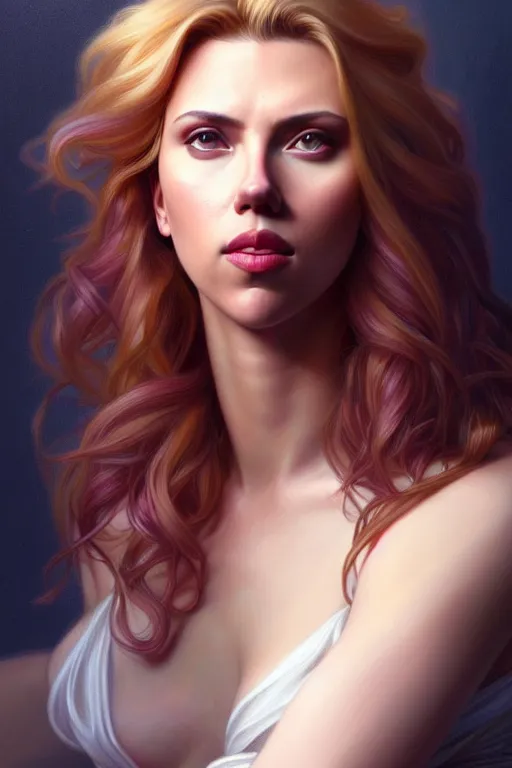 Image similar to portrait of scarlett johansson, long hair, fantasy, elegant, intricate, full frontal shot, highly detailed, digital painting, artstation, concept art, sharp focus, illustration, art by artgerm and greg rutkowski and alphonse mucha