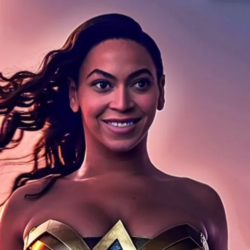 Image similar to A movie still of Beyonce as Wonder Woman, dynamic lighting, smiling, 8k, Heroic Pose, 2022 picture of the year