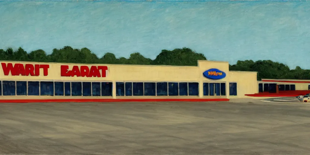 Image similar to The parking lot behind a Walmart in a North American suburban strip mall by Edward Hopper