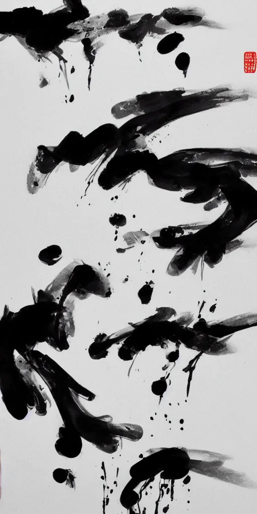 Prompt: high quality big chinese ink strokes, black and white, brush, drops, splash