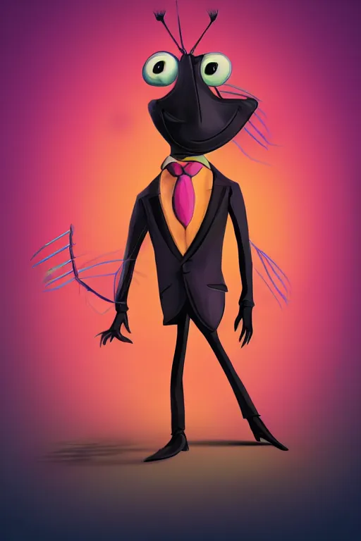 Prompt: colorful full body shot of an anthropomorphic cockroach wearing a suit, with long thin antennae, trending on artstation, trending on deviantart ,cinematic backlighting, 8k, symmetrical, correct proportions, hyper detail illustration by walt disney, vibrant colors, by tim burton, orange lights, pink shadows