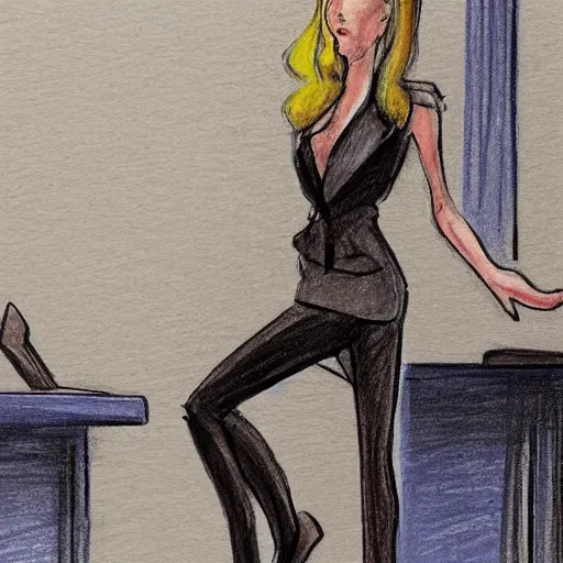 Prompt: courtroom sketch of amber heard standing on top of a bed, knees slightly bent, a brown object is underneath her