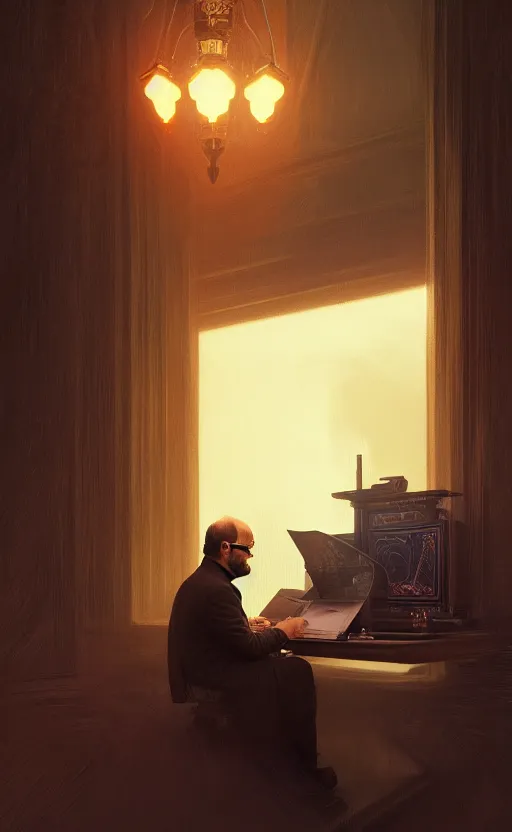 Image similar to portrait of salman rushdie writing in the dark, deep focus, blade runner 2 0 4 9, fantasy, intricate, elegant, highly detailed, digital painting, artstation, concept art, matte, sharp focus, illustration, art by artgerm and greg rutkowski and alphonse mucha