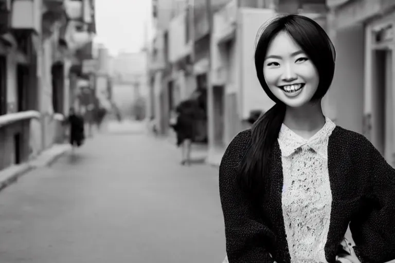 Prompt: still photo of a beautiful asian woman smiling at the camera on the street, black and white color aesthetic, highly detailed, photorealistic portrait, bright studio setting, studio lighting, crisp quality and light reflections, unreal engine 5 quality render