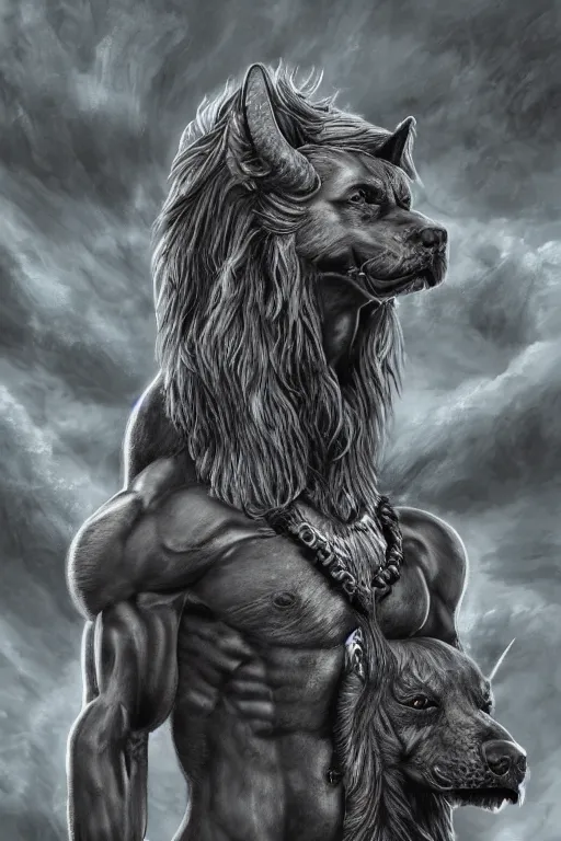 Prompt: Dog as Death Anubis, detailed face, gorgeous, amazing, flowing hair, very muscular plush male body, partial anatomy, stormy background, caesar victorious, proud Emperor, crepuscular ray, intricate, highly detailed, 8K, digital painting, fantasy, artstation, concept art, sharp focus, over-shoulder shot, illustration, art by Wayne Barlowe and alphonse mucha