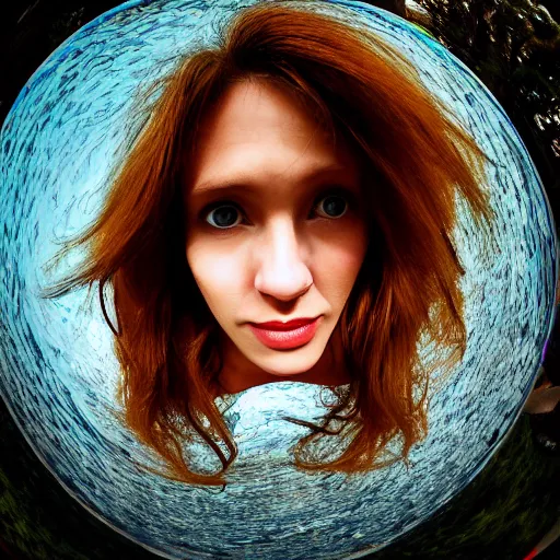 Prompt: fisheye portrait of beautiful woman photo