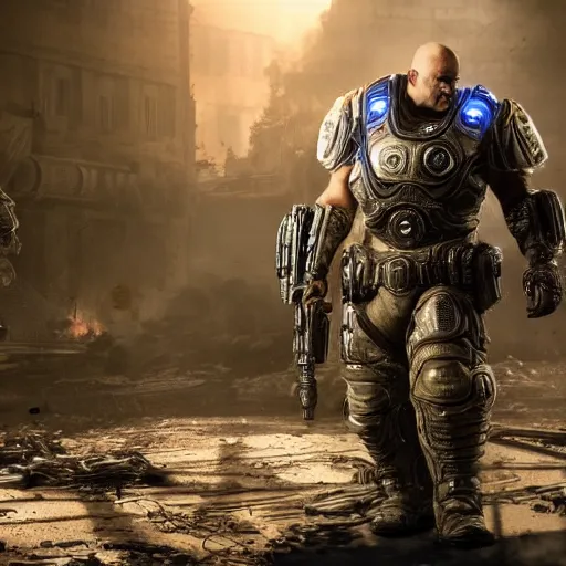 Image similar to salman rushdie in gears of war, splash art, movie still, cinematic lighting, ray tracing, octane render, long lens, shallow depth of field, bokeh, anamorphic lens flare, 8 k, hyper detailed, 3 5 mm film grain