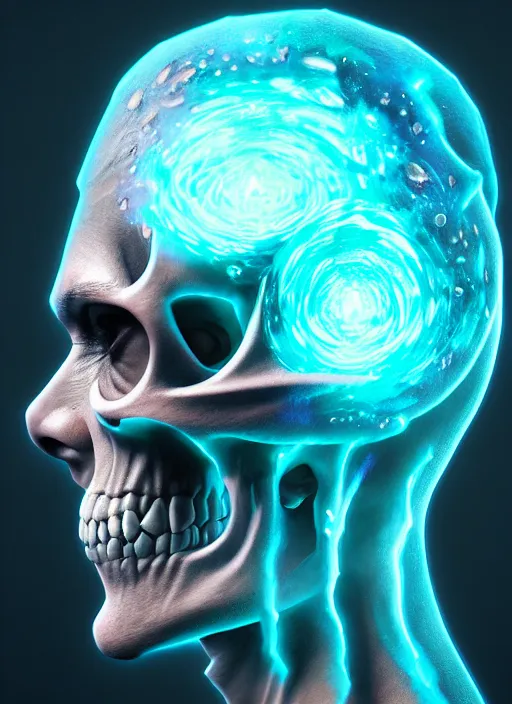 Image similar to 3 d shaman with tattoos profile portrait, sigma 5 0 0 mm f / 5. beautiful intricate highly detailed skull. bioluminescent, plasma, frost, water, wind, creature, gradient background, thunderstorm! artwork by tooth wu and wlop and beeple and greg rutkowski, 8 k trending on artstation,