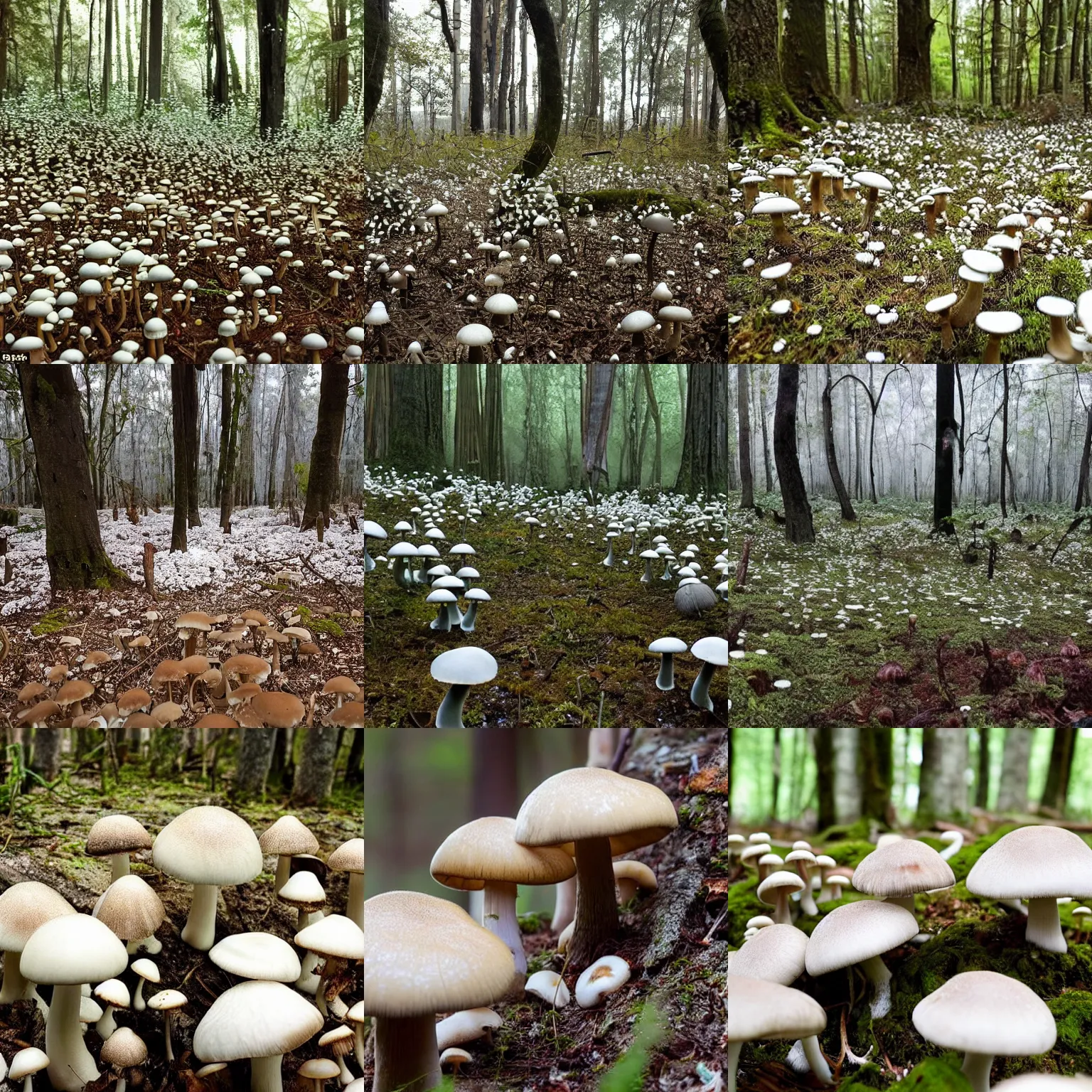 Prompt: forest infested by fungal bloom, white fungal spores everywhere, trees covered in mushrooms and fungi, white color palette, mushrooms everywhere, no leaves, only fungus