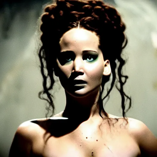 Image similar to jennifer lawrence as the bride of frankenstein, color photography, sharp detail, confused, still from the movie underworld