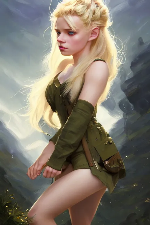 Image similar to cinematic shot of an epic portrait of a cute blonde fairy dressed in military clothes, stylised military clothes, shiny skin, beautiful eyes, beautiful, small details, night setting, realistic poster with volumetric light from craig mallism, artgerm, jeremy lipkin and michael garmash, unreal engine, radiant light, digital art, trends at art station, a masterpiece