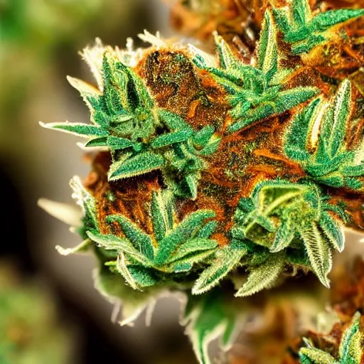 Prompt: marijuana flower with buds covered in trichomes, close - up highly - detailed macro photography, focus - stacking, dslr