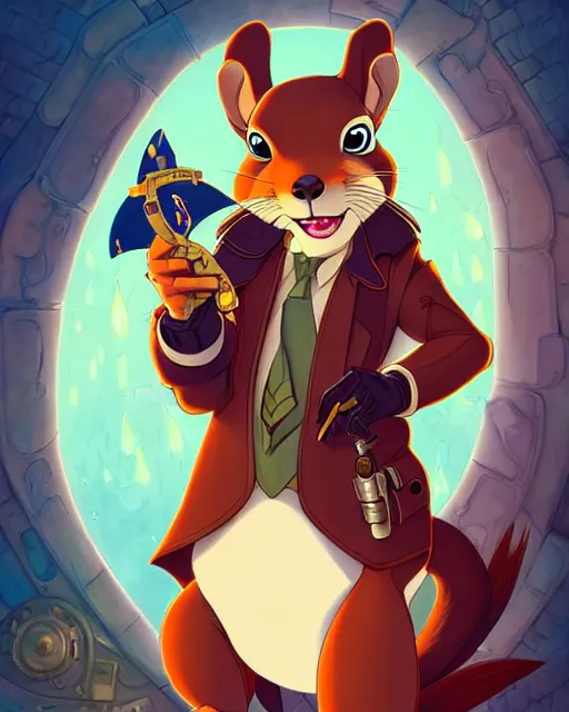 Image similar to don bluth, loish, artgerm, joshua middleton, steampunk, clockpunk anthropomorphic squirrel, full policeman outfit, smiling, symmetrical eyes symmetrical face, colorful animation forest background