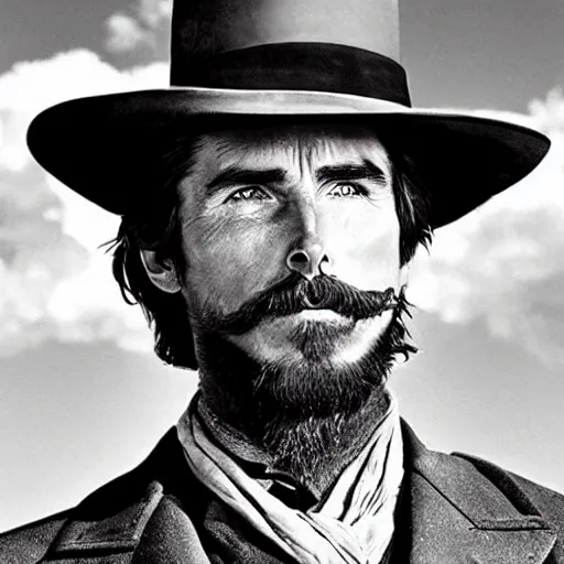 Prompt: an 1 8 0 0 s photo of christian bale playing the role of clint eastwood, squinting at high noon, in the style of a clint eastwood movie, the good, the bad and the ugly, vibe, glory days, mount rushmore, justice, american flag, independence, patriotism, black and white, artgerm