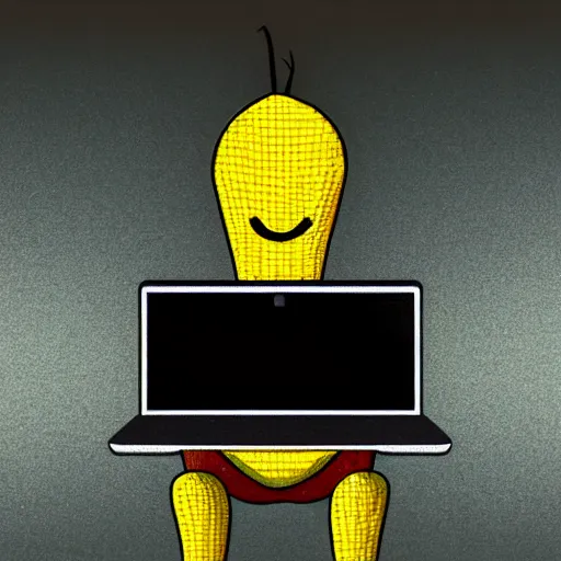 Prompt: anthropomorphic corn man typing on his laptop in a dark room