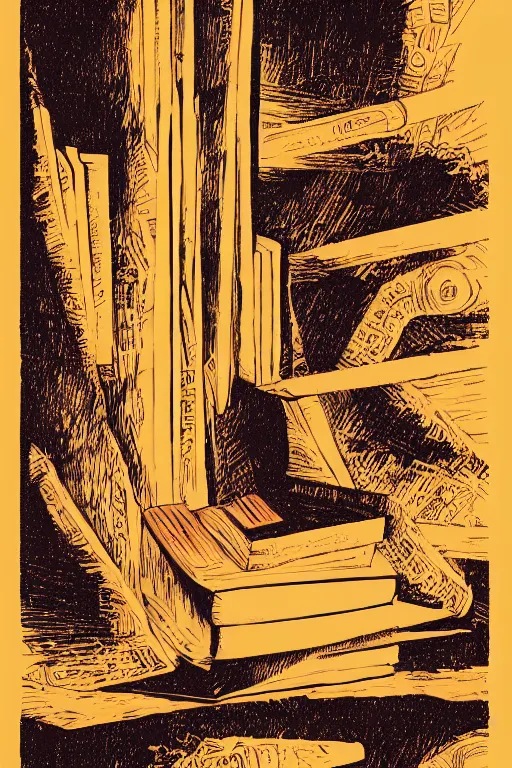 Prompt: books and pencil, style of kilian eng, light, simple, Illustration, woodblock print