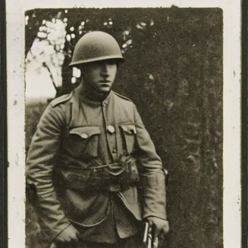 Image similar to Danny Gonzales as a soldier, ww1 trench, war photo, film grain