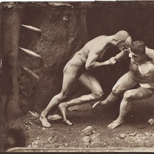 Prompt: brutal spartan men fistfighting in pit, sparta, daguerreotype photograph, ancient photograph