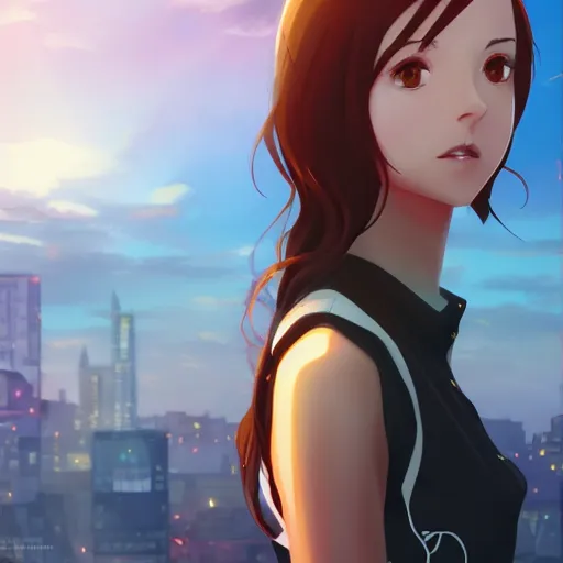 Prompt: a beautiful woman with a hime haircut, dark brown hair and tan skin, dark brown eyes, city landscape, 4k, anime key visual, lois van baarle, ilya kuvshinov, rossdraws, artstation