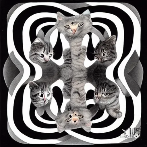 Image similar to cats in the style of escher. symmetric. detailed. hd