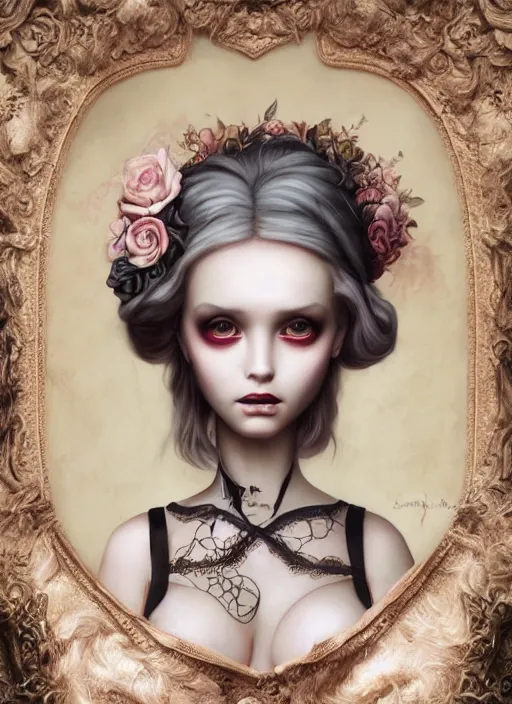 Prompt: pop surrealism, lowbrow art, realistic cute girl painting, lace strappy lingerie, hyper realism, muted colours, rococo, natalie shau, loreta lux, tom bagshaw, mark ryden, trevor brown style,