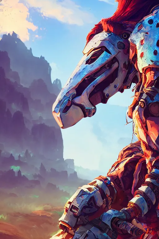 Image similar to combination suit armor aloy horizon forbidden west horizon zero dawn radiating a glowing aura global illumination ray tracing hdr fanart arstation by ian pesty and alena aenami artworks in 4 k tribal robot ninja mask helmet backpack