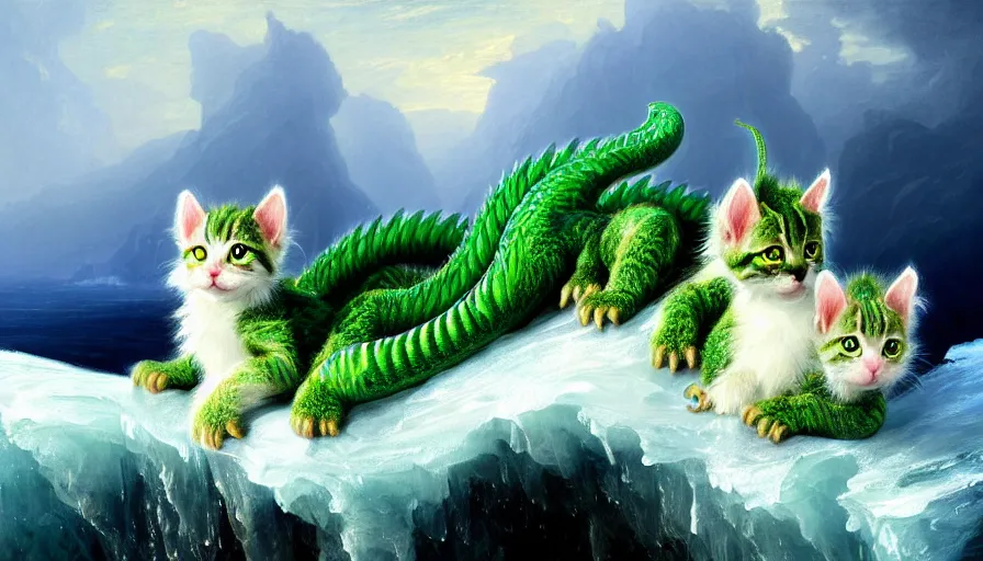 Prompt: highly detailed painting of cute baby furry green dragon kitty cats on a blue and white iceberg by william turner, by greg rutkowski, by william constable, thick brush strokes and visible paint layers, 4 k resolution