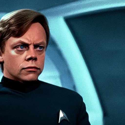 Image similar to stunning awe inspiring mark hamill as a star fleet captain on star trek, movie still 8 k hdr atmospheric lighting