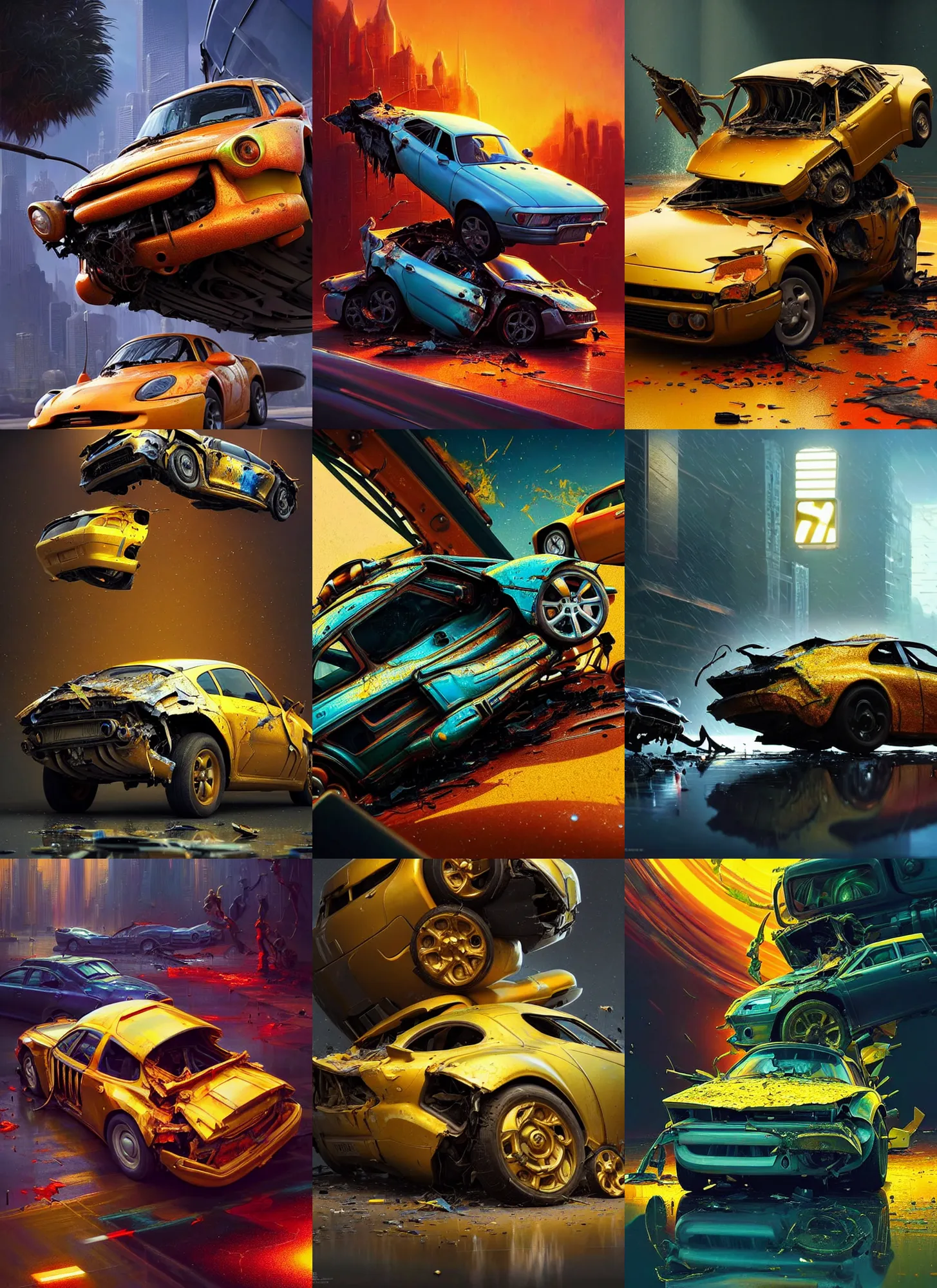 Prompt: bright polished lush masterpiece : : car crash : : weta disney pixar movie still photo : : hi - fructose, sci fi, decadent highly - detailed digital painting, golden ratio, accent lighting, octane render, artstation, smooth, sharp focus, beeple, rutkowski, mucha : :