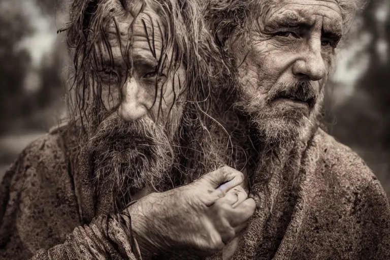 Prompt: character and environment photography, portrait shamanistic infested 5 0 - year - old male druid, messy hair, old tattered robe, medium shot, wide angle, 2 0 0 px, full front, natural light