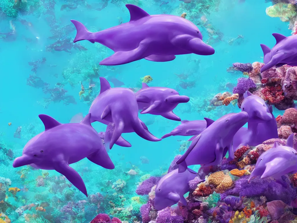 Image similar to a family of purple dolphins in a colorful coral reef, photorealistic, insane engine, high definition, 3d render, trending on artstation,