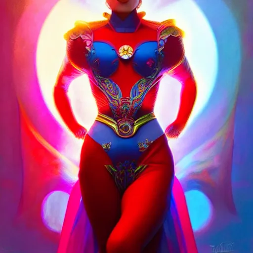 Image similar to heart evangelista as darna, volumetric lights, red and cyan theme, art nouveau botanicals, intricate, highly detailed, digital painting, artstation, concept art, smooth, sharp focus, cinematic, illustration, beautiful face, art by artgerm and greg rutkowski and alphonse mucha