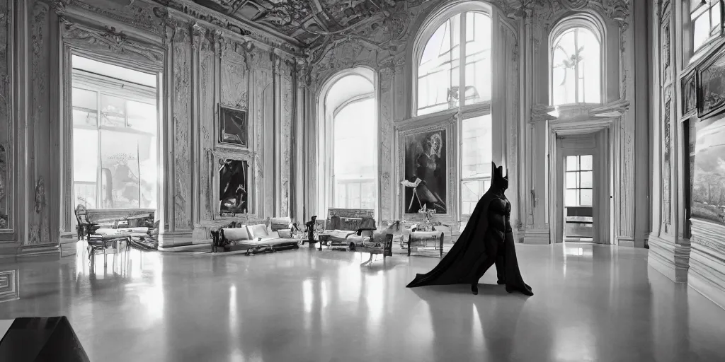 Image similar to Batman standing in giant Italian modern castle living room, clean minimalist design, that is 1300 feet tall, with very tall giant walls filled with modern art paintings, doors that are cosmic portals, photo by Annie Leibovitz