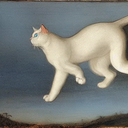 Image similar to a painting of a white cat with blue glowing eyes walking towards the viewer, in the style of leonardo da vinci.