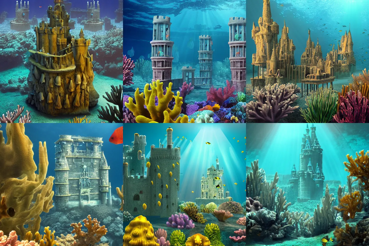 Prompt: an underwater castle standing proud and tall above a coral kingdom. schools of fish swim in foreground, volumetric lighting, god rays, ancient architecture, sunken columns