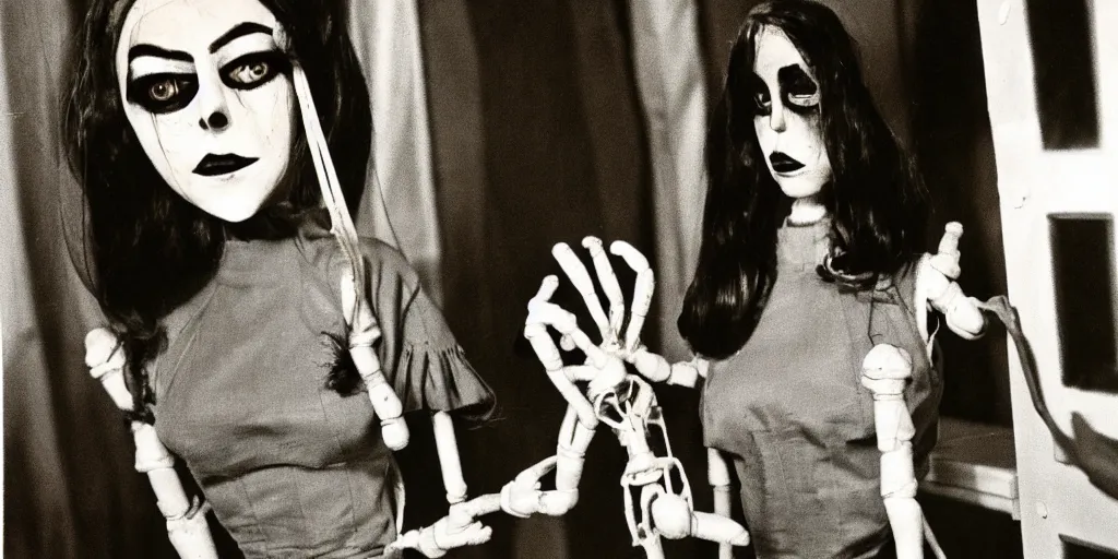 Image similar to 1 9 7 0 s female alive, eerie, creepy masked marionette puppet, lana del rey, unnerving, clockwork horror, pediophobia, lost photograph, dark, forgotten, final photo found before disaster, realistic, vintage noir, polaroid,