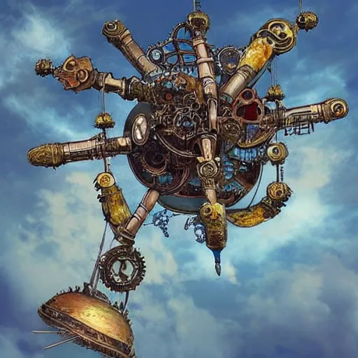 Image similar to flying city in a mechanical flower, sky!, fantasy art, steampunk, masterpiece, behrens style