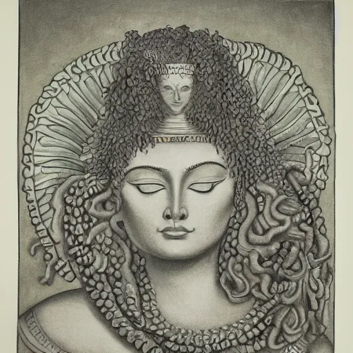 Image similar to detailed, portrait of medusa, Egyptian, surrounded by lotus flowers and geometry