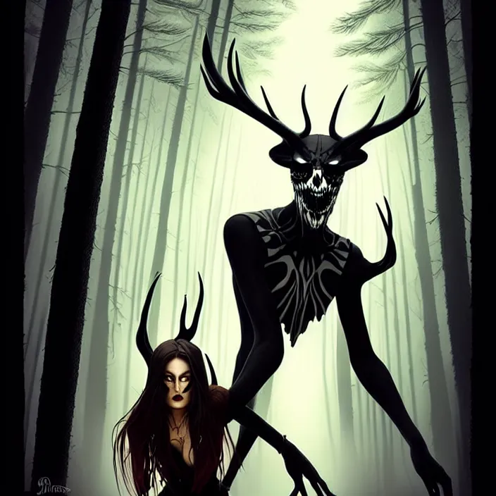 Image similar to style artgerm, joshua middleton, rafael albuquerque, gerald brom : : scary wendigo with antlers and skull face mixed with werewolf : : [ [ beautiful female witch wearing a black dress, yellow eyes, symmetrical face, on the right side ] ] : : in the forest, detailed, dark and foggy, cinematic lighting